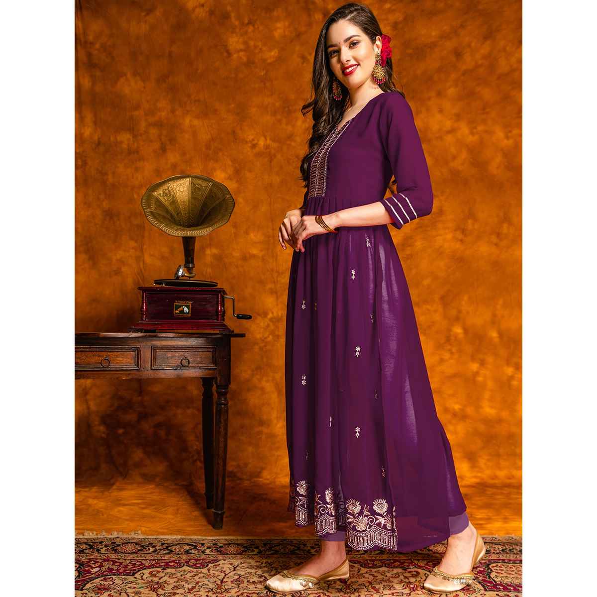 Youthnic Ethnic Motifs Embroidered Lace Work Naira Cut Kurta | B44 - Rimjhim Wine | L