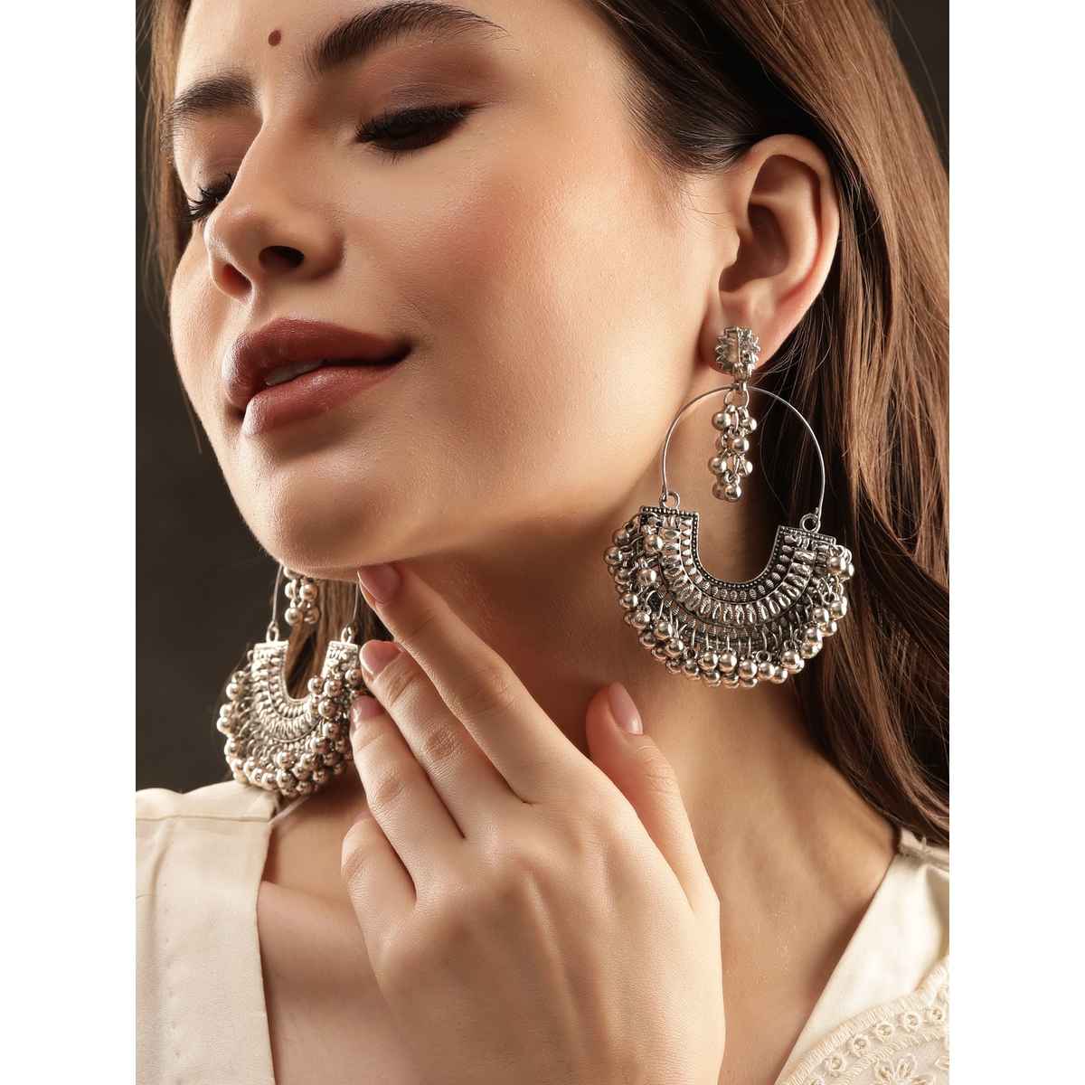 Rubans Oxidised Silver-Plated Ghungroo Beaded Crescent Shaped Traditional Chandbali Earrings