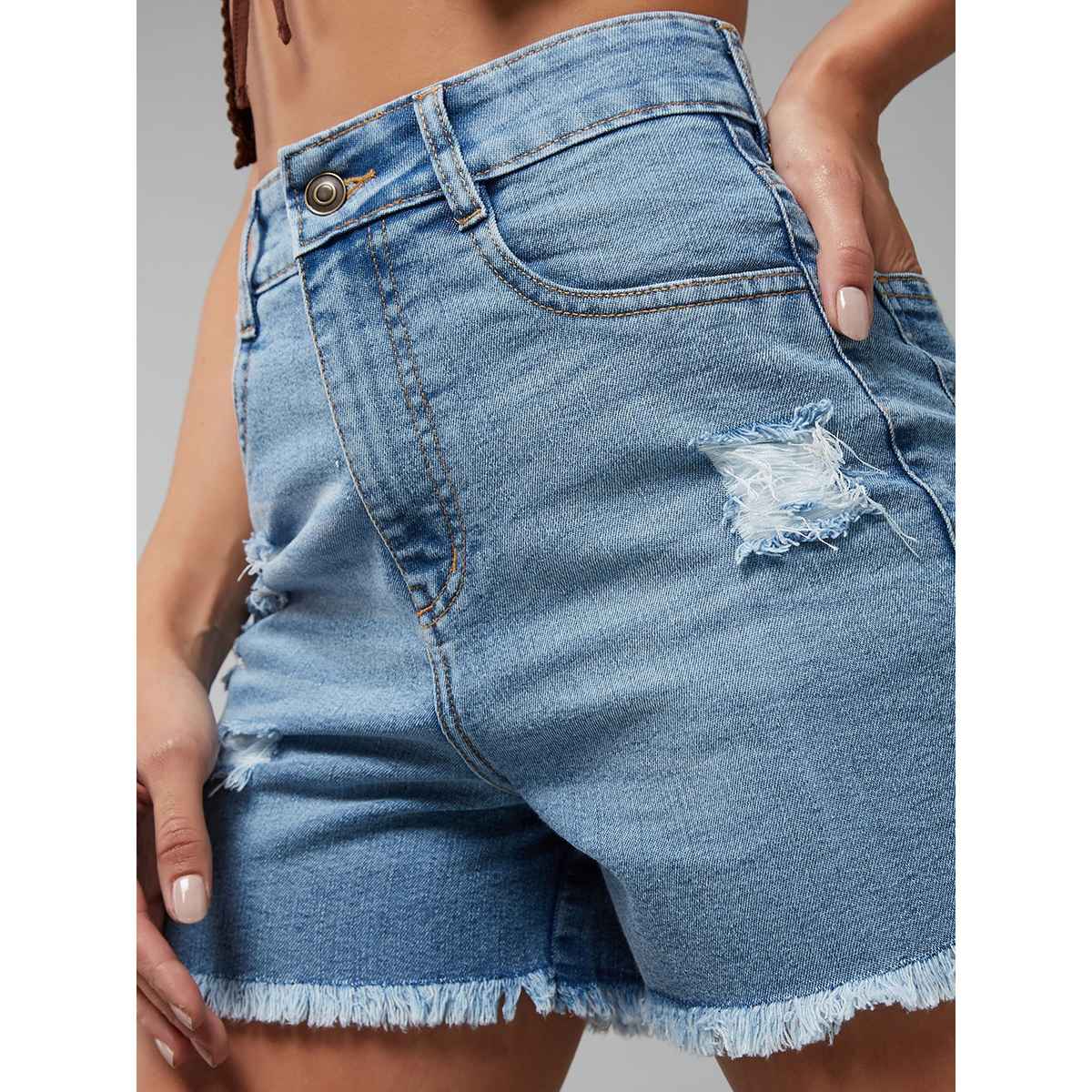 Miss Chase Stars Align Ripped Denim Shorts | Light Blue | 32