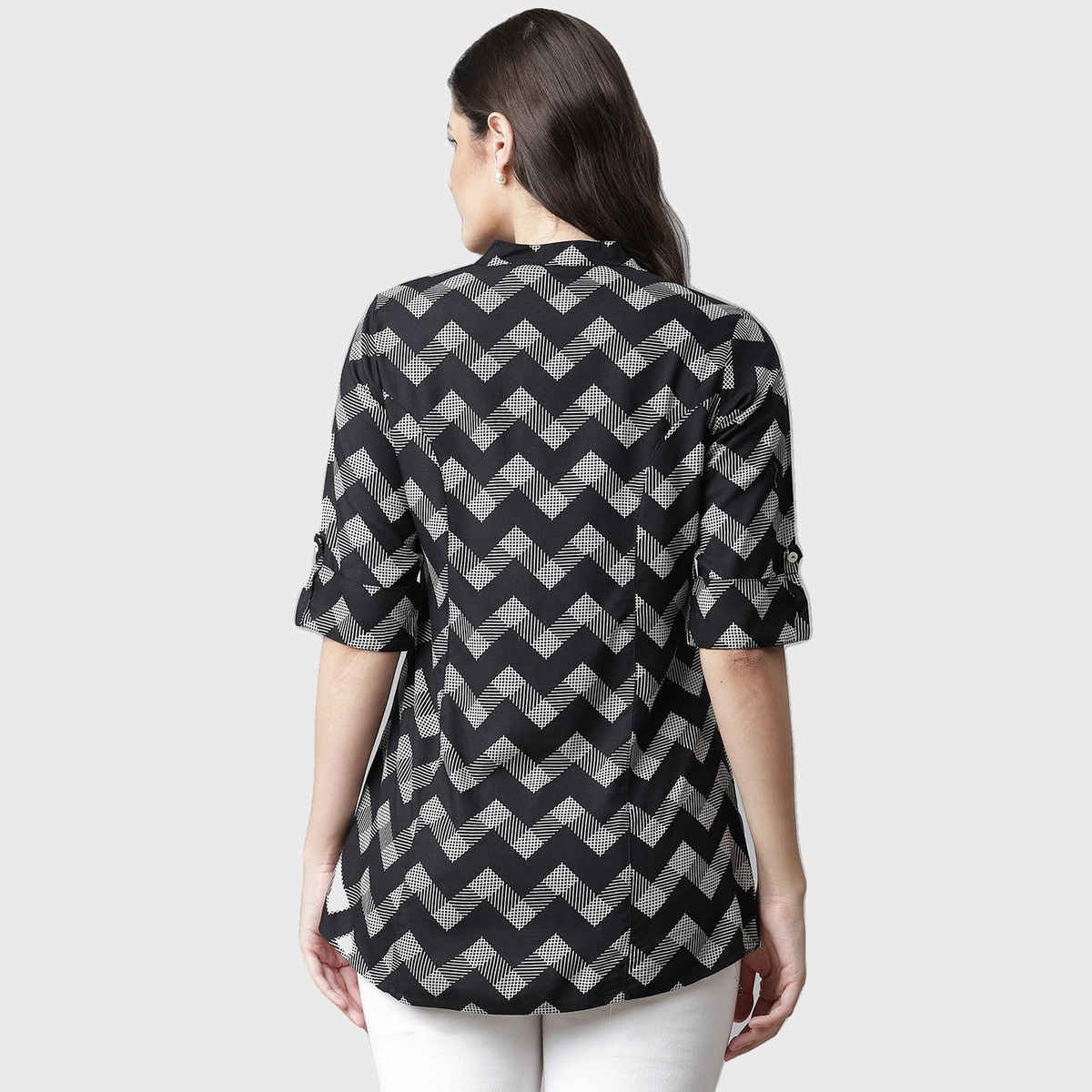 Divena Rayon Zigzag Print Women's Shirt Style Top | DBK0373 | Black - S
