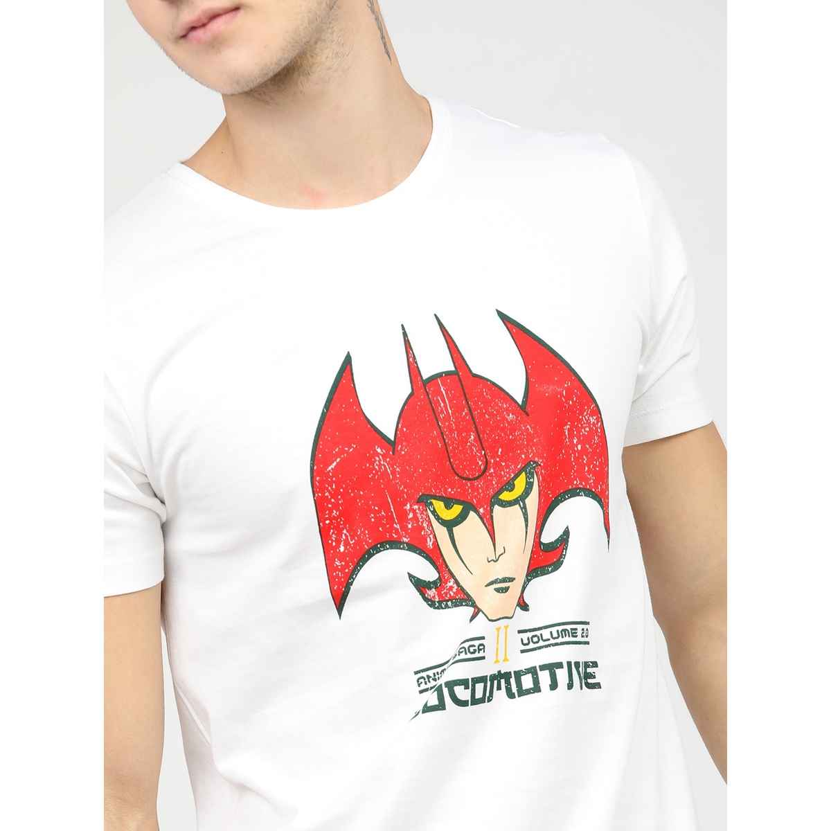 Locomotive Men's Round Neck Short Sleeve Slim Fit Printed T-shirt | White - S