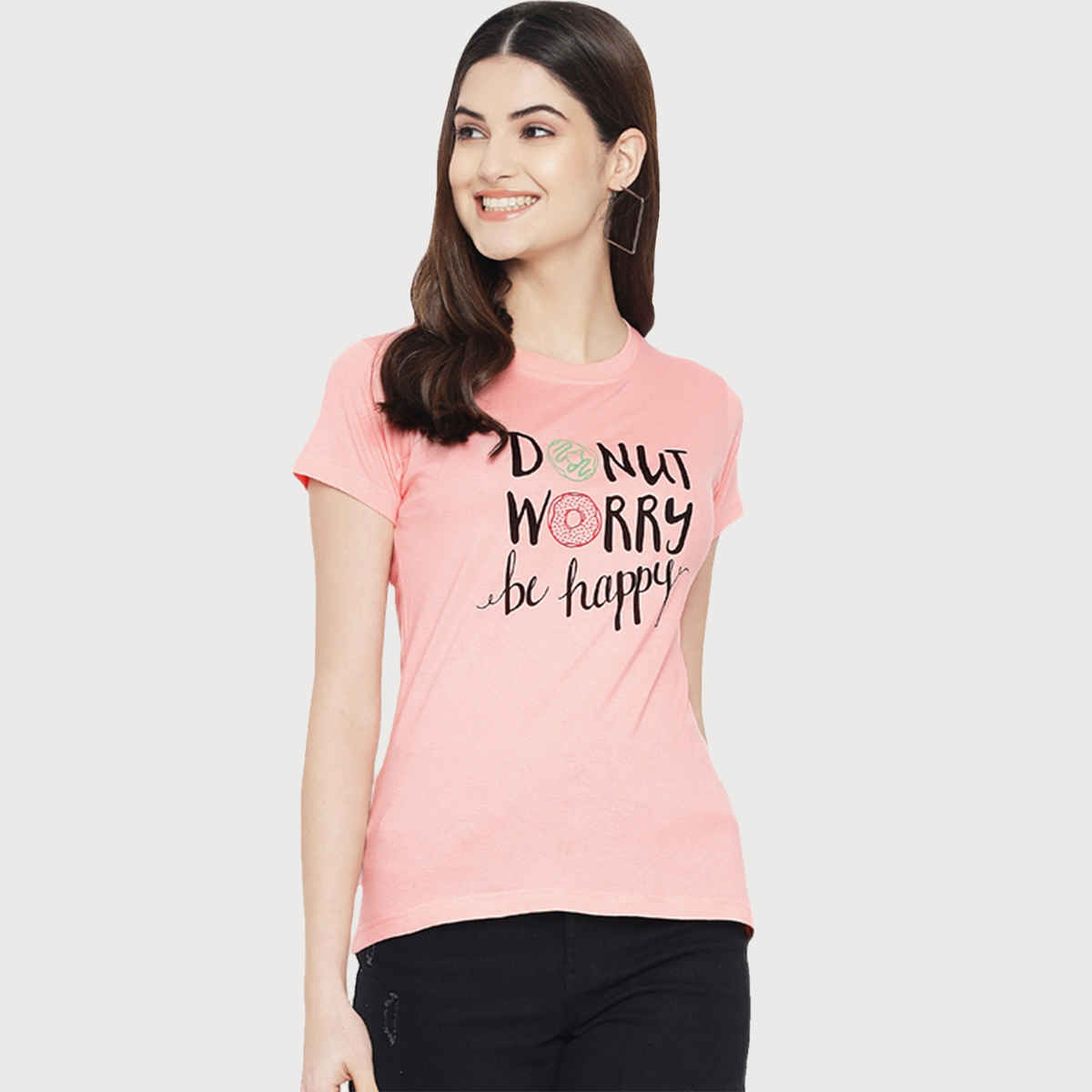 Fabflee Women Regular Cotton Printed Round Neck Tshirt | Pink | FAB-WT-07 | L