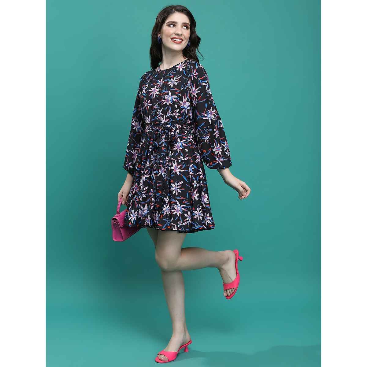Ketch Women's Floral Printed Cuffed Sleeves Fit & Flare Dress | Multicolor - XL