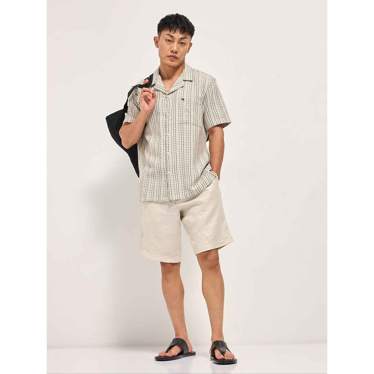 THE BEAR HOUSE Men's Pure Cotton Striped Regular Fit Shirt | TBH-PUNTILO-CR | Cream - L
