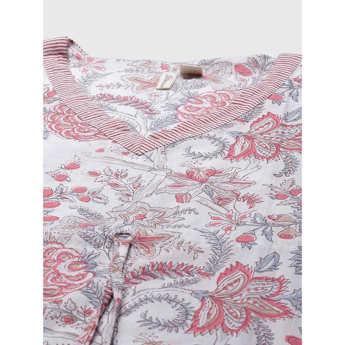 Divena White And Pink Floral Print Women's Kaftan DK0586 | S