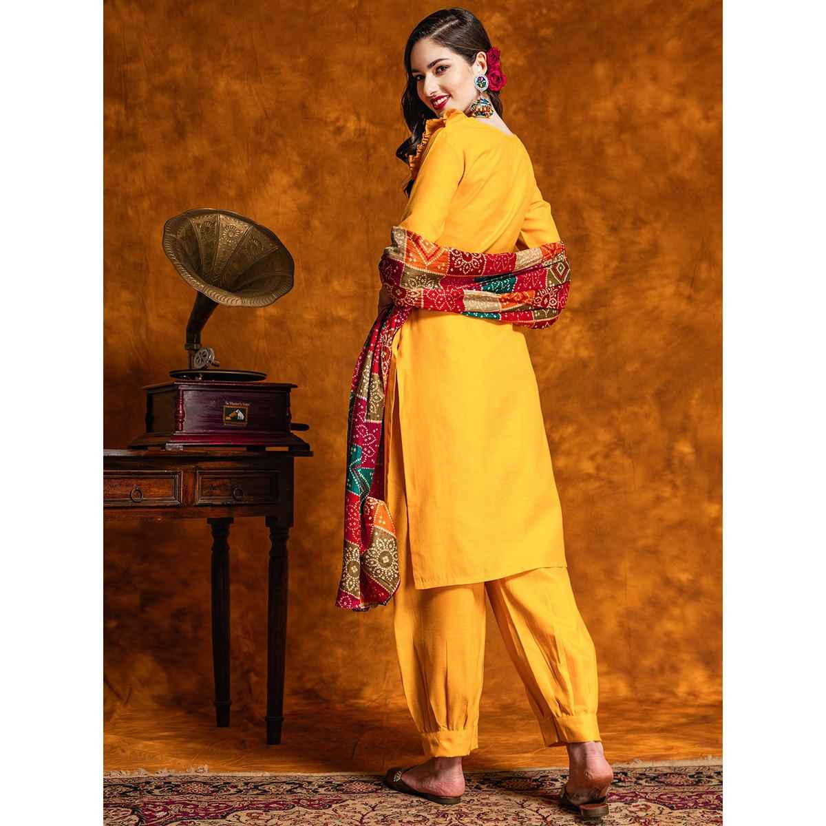 Youthnic Embroidered & Mirror Work Cotton Straight Kurta Dupatta Set | SKD44 - Sawan Mustard | XL