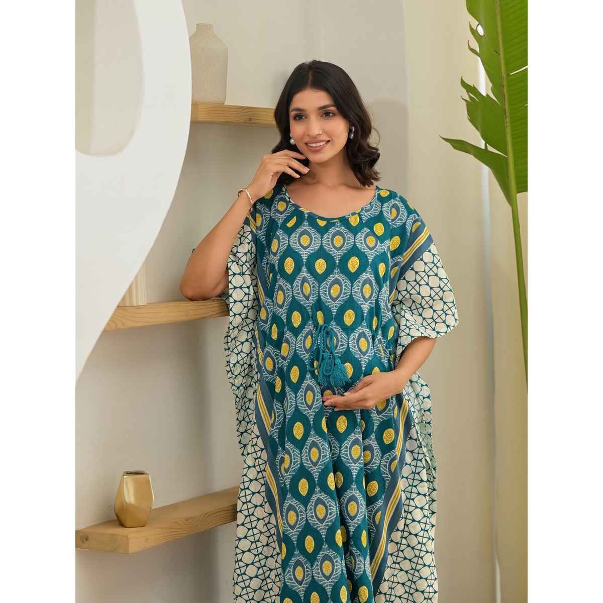 Aujjessa Teal White Printed Front Zipper Maternity Feeding Kaftan | Free Size