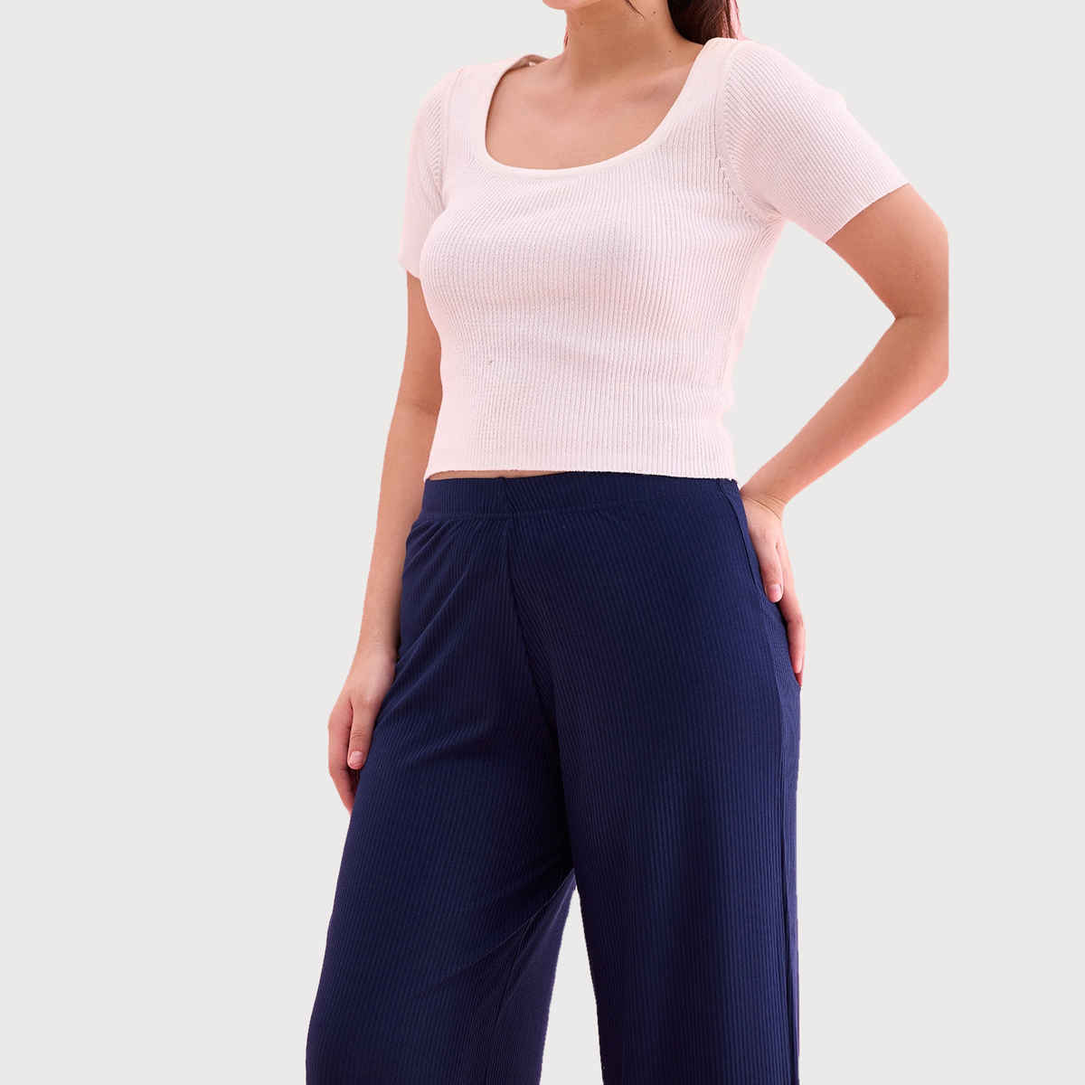 Go Colors Women's Solid Ribbed Palazzos | LPZ1 | Navy - S