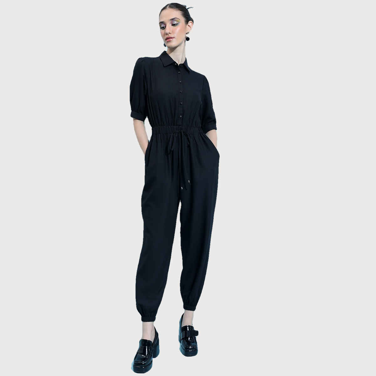Ketch Women's Shirt Collar Basic Jumpsuit | Black - L