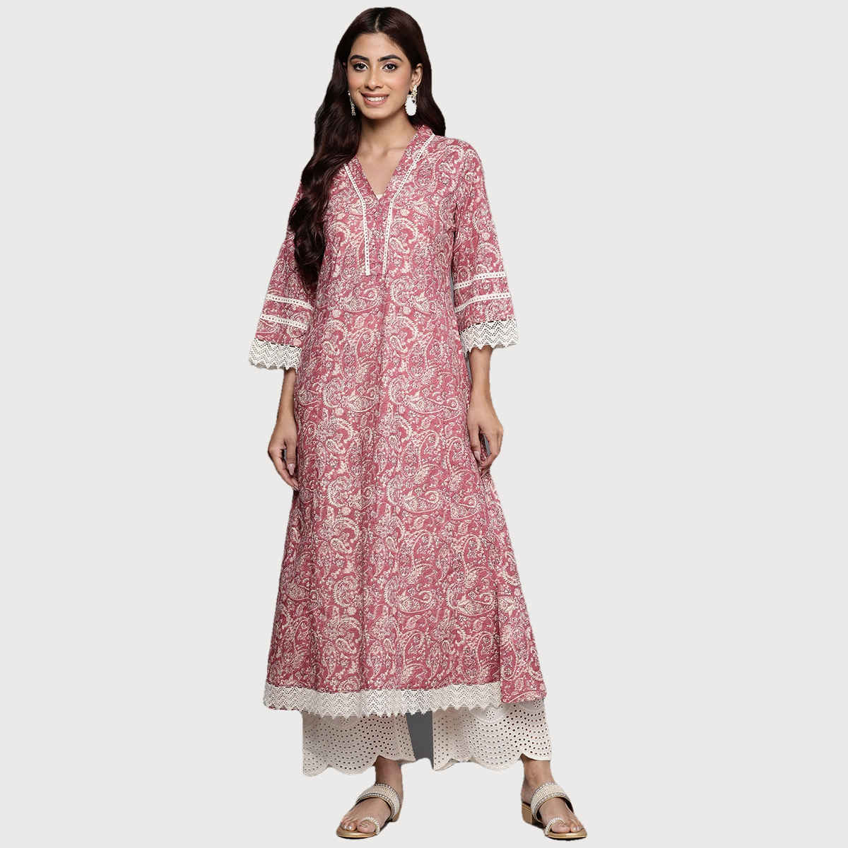 Varanga Women's Paisley Printed Lace Embellished A - Line Kurta | VKUR1911 | Peach - L