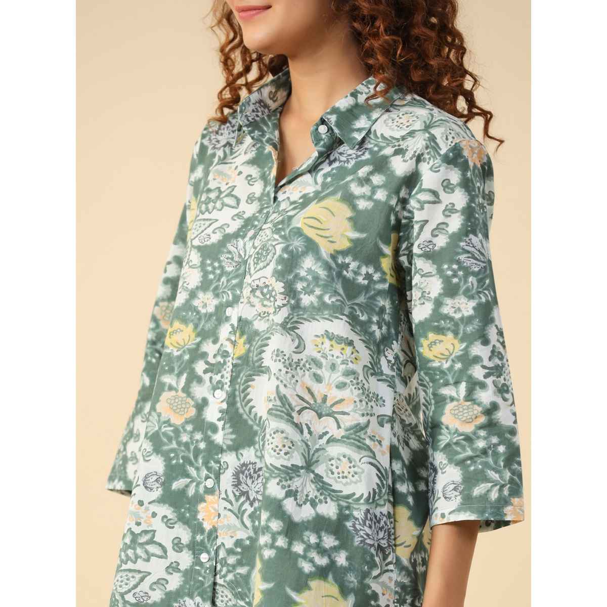 Sanskrutihomes Floral Printed Pure Cotton Night Suit | Green - White | S