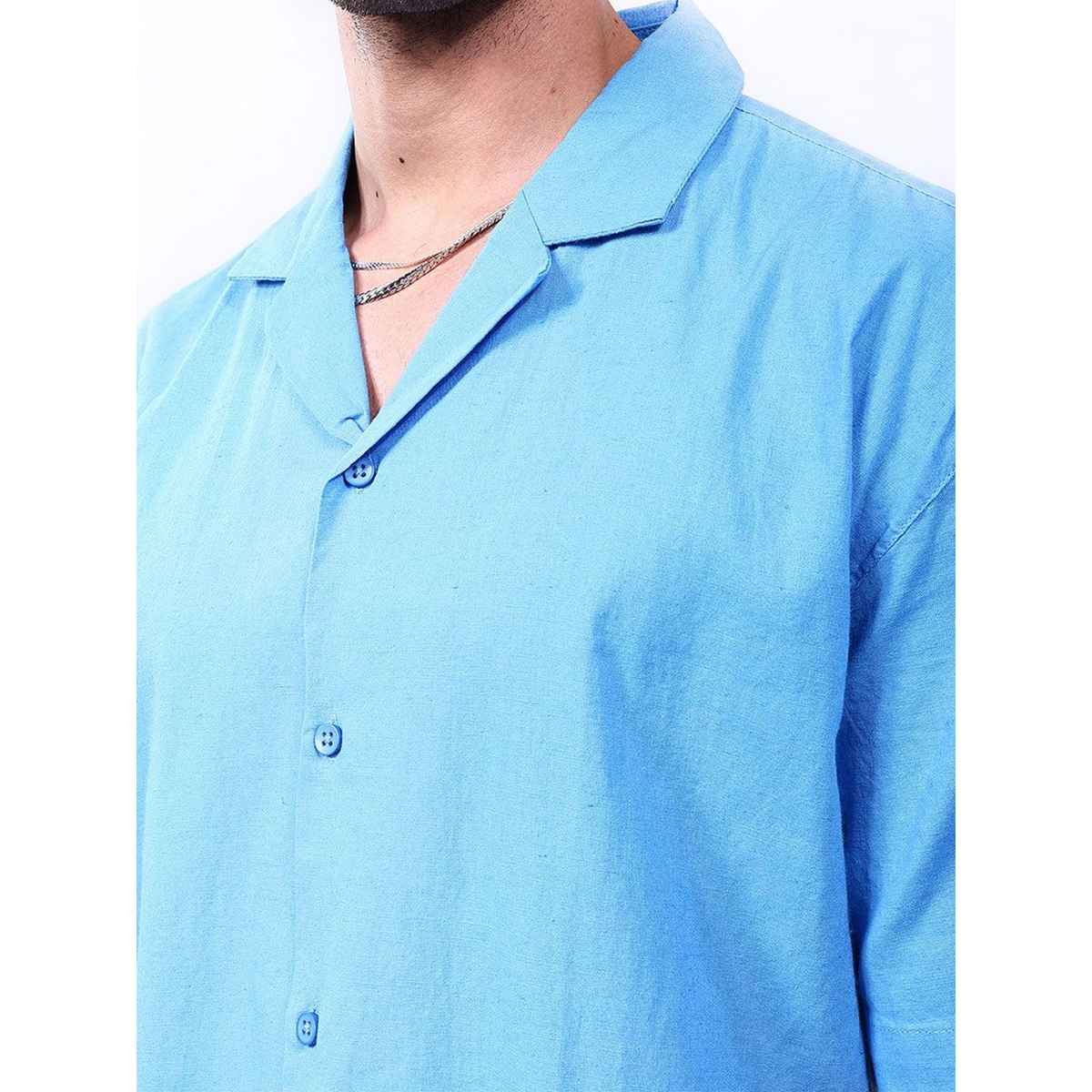 The Indian Garage Co Men's Relaxed Fit Solid Resort Wear Half Sleeve Shirt | Tranquil Blue - L