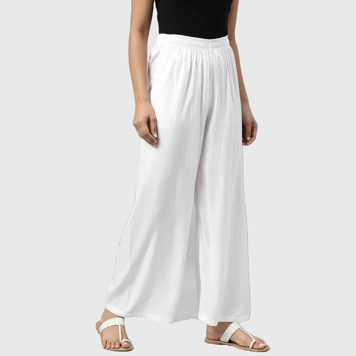 Go Colors Women's Solid Woven Viscose Mid Rise Basic Palazzos | LPZ7 | White - XL