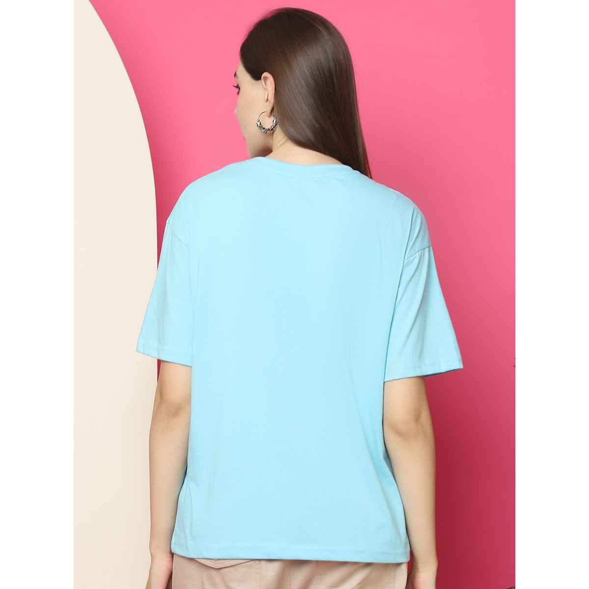 Fabflee Women Oversize Cotton Printed Round Neck Tshirt | Light Blue | FAB-OS-516 | M