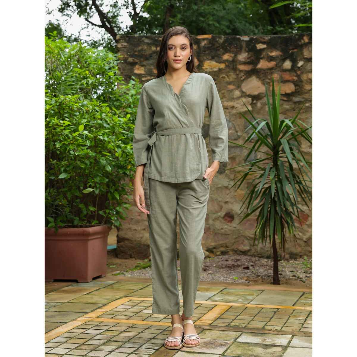 Sanskrutihomes Pure Cotton Long Sleeves Top & Trouser Co-Ord | Women | Olive | XXL