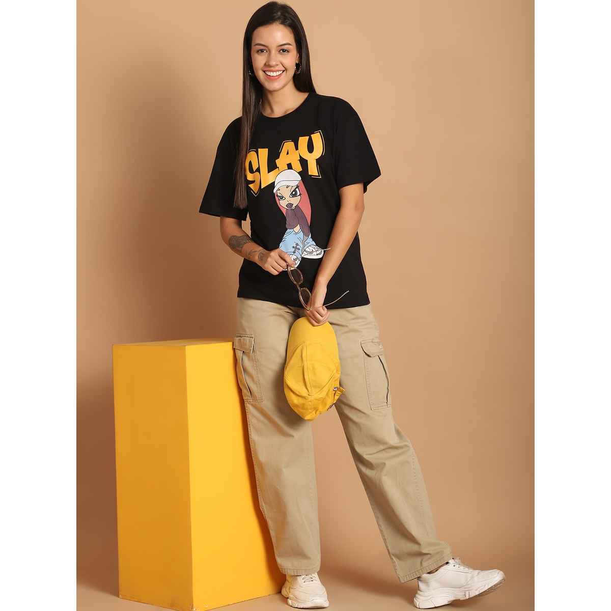 Fabflee Women Oversize Cotton Printed Round Neck Tshirt | Black | FAB-OS-501 | XL