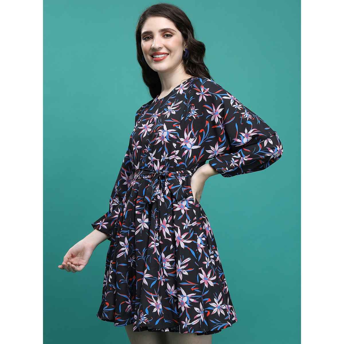 Ketch Women's Floral Printed Cuffed Sleeves Fit & Flare Dress | Multicolor - XL