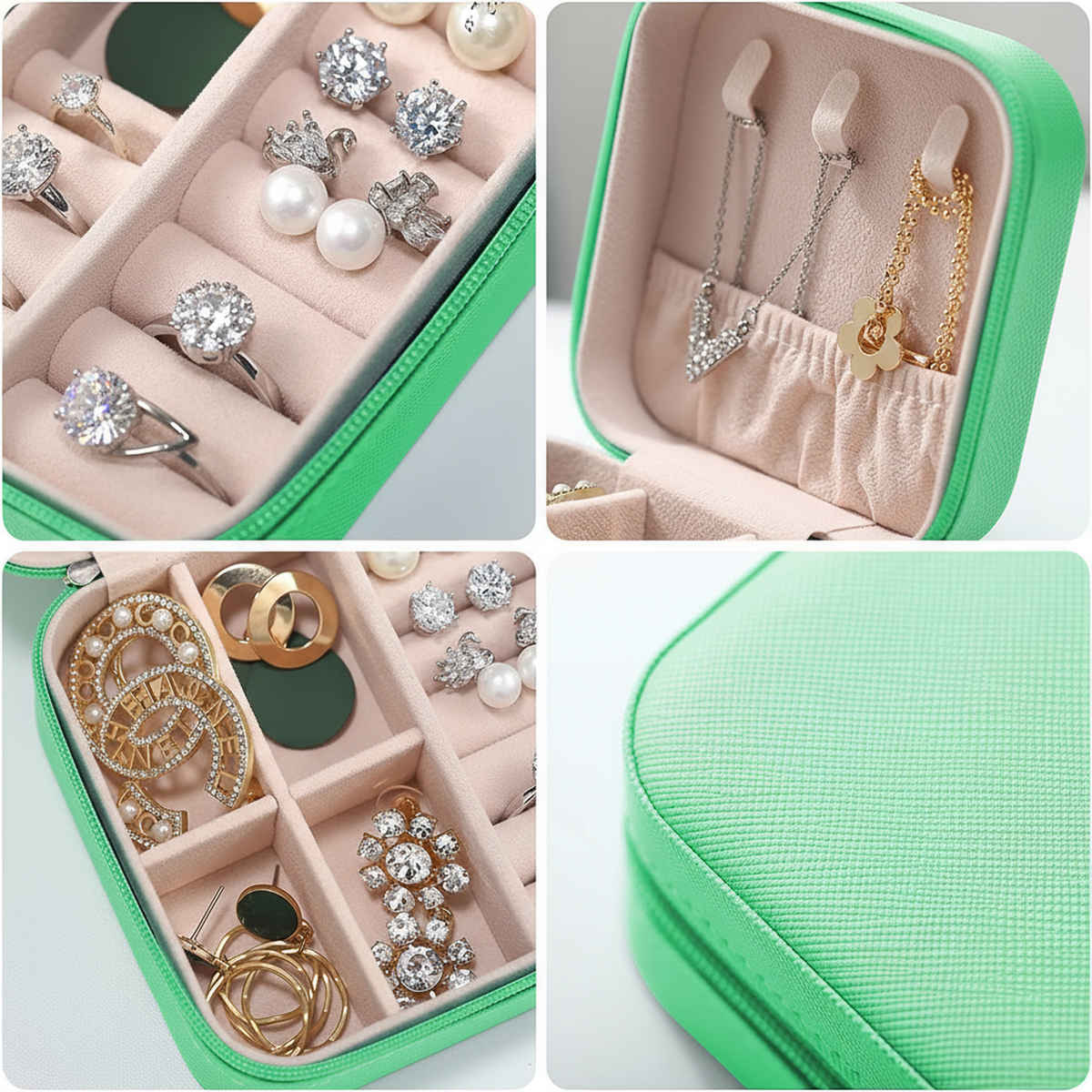 Youbella Pu Leather Zipper Portable Travel Storage Box Case(Green)(Jewellery - Box - 31)