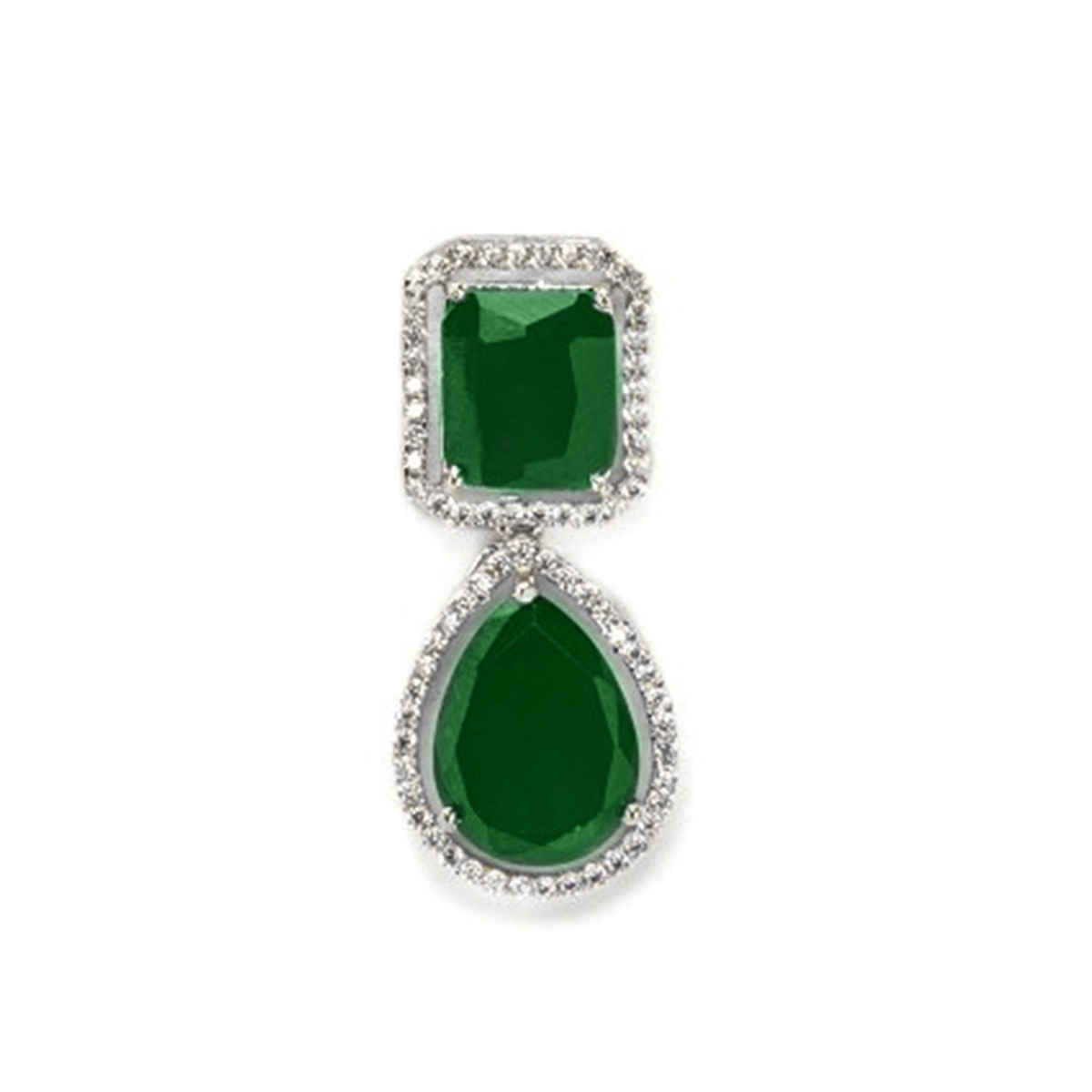 Rubans Rhodium-Plated Emerald Green and Cubic Zirconia Studded Premium Drop Earrings