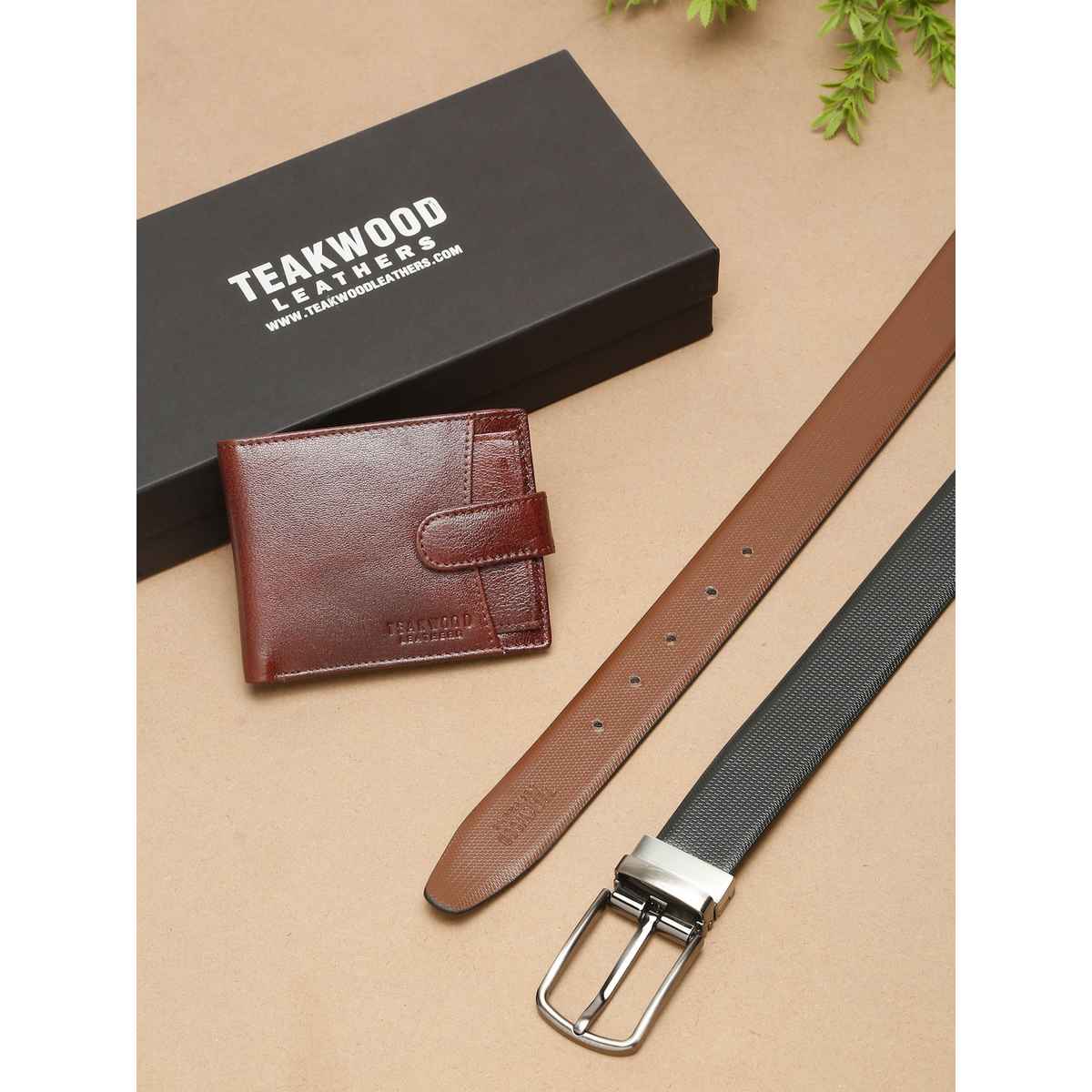 Teakwood Men's Solid Leather Wallet and Belt Gift Set | Black and Brown - Free Size