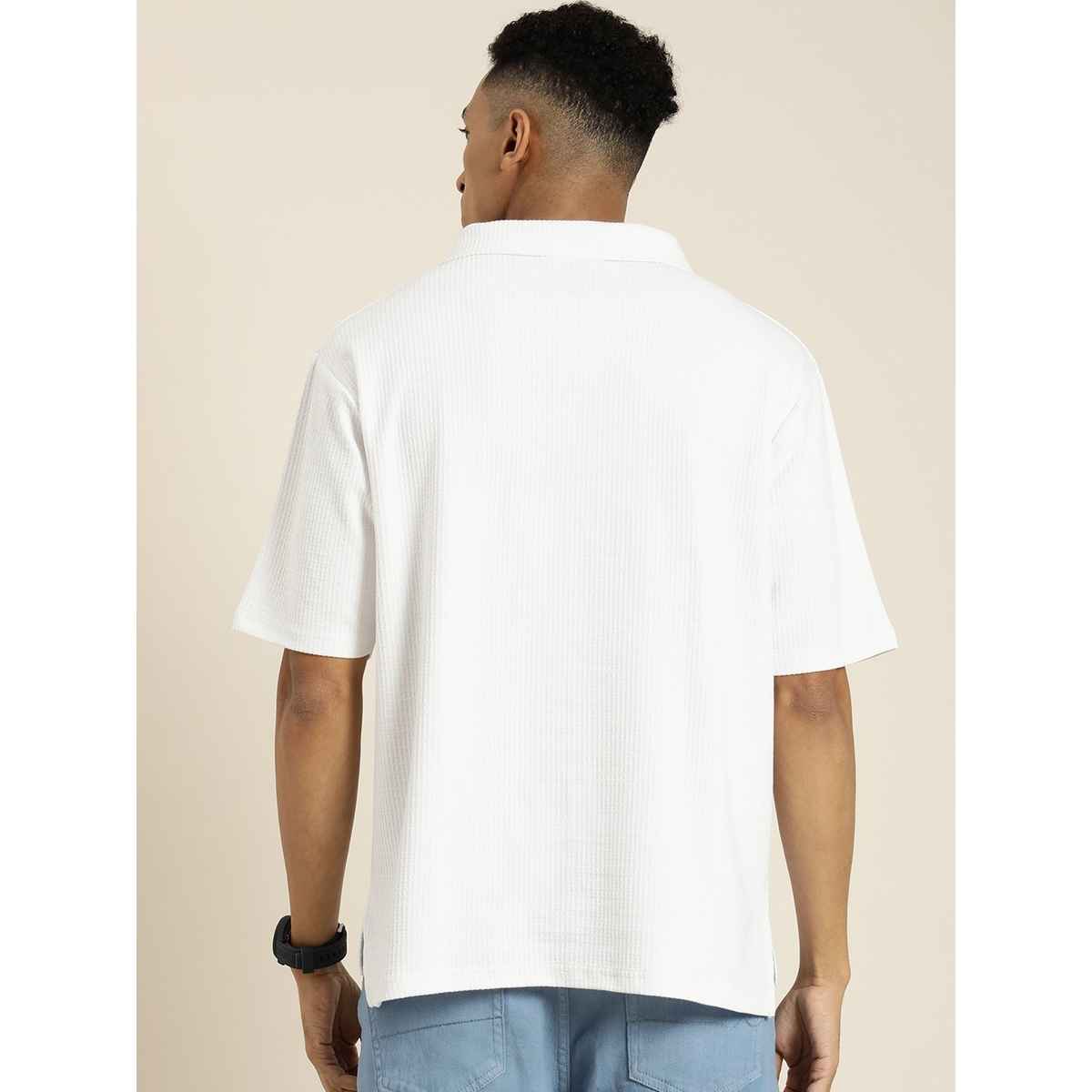 Dillinger Men's Waffle Structure Self Design Oversized Polo Collar T-shirt | White - M
