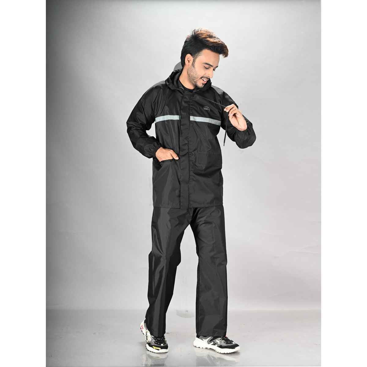 Lux Venus Reflecting Design Tapping Rain Suit for Men - Black | XL