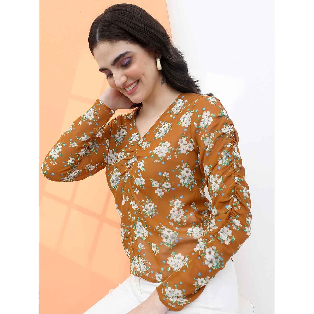 Tokyo Talkies Women's Floral Print Top | Brown - L