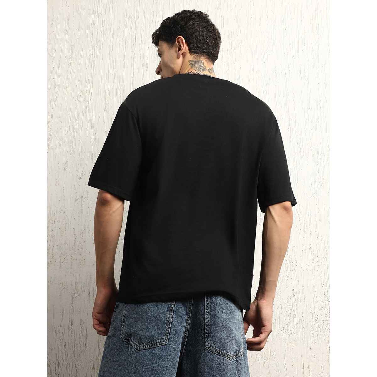 Hubberholme Men's Typography Printed Round Neck Oversized T-shirt | Black - S