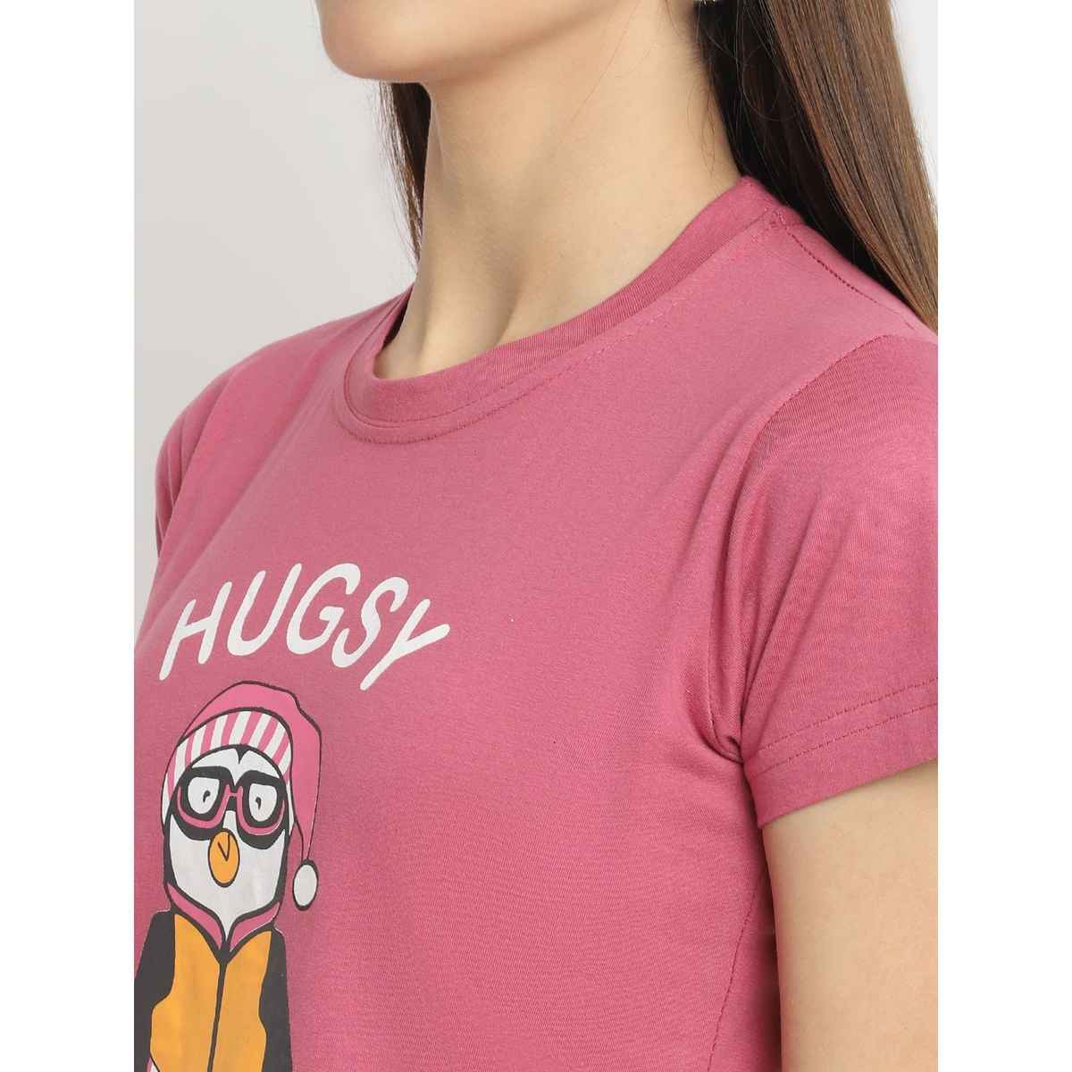 Fabflee Women Regular Cotton Printed Round Neck Tshirt | Pink | FAB-WT-35 | L