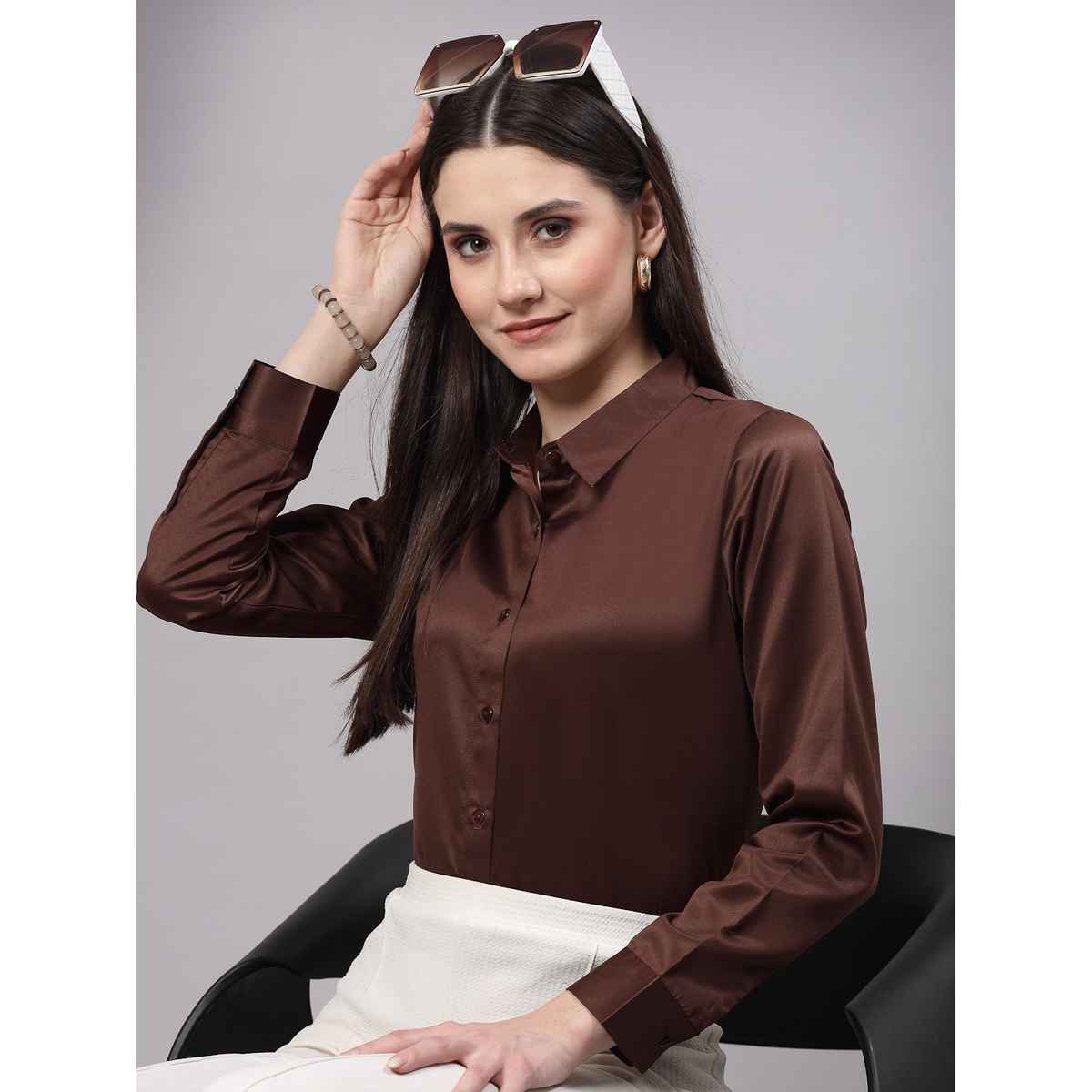 Style Quotient Women Brown Satin Regular Casual Shirt | M | AW23SQARTHASAT - Brown