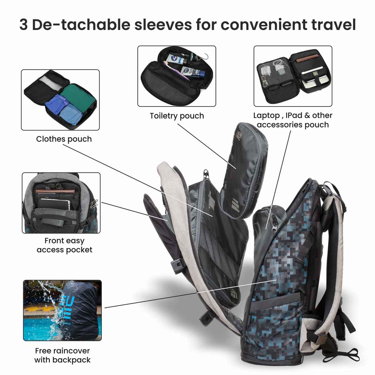 EUME Unisex Colorblocked Nylon 40 L Massager Backpack | Black and Grey
