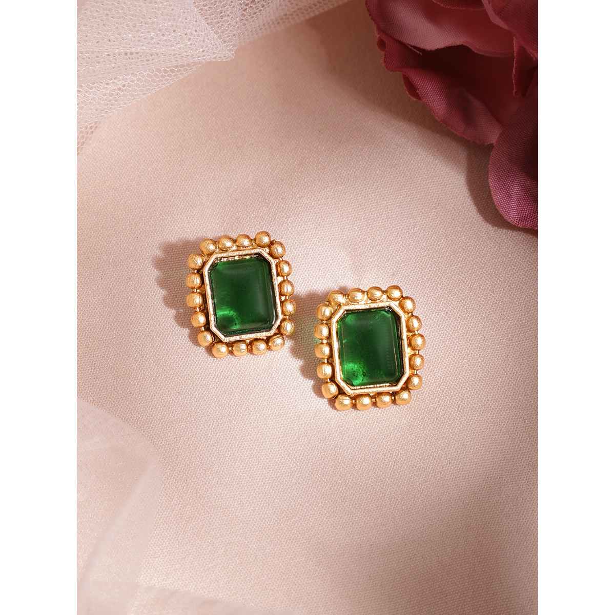 Rubans 22K Gold-Plated Emerald Green Stone Studded Choker Necklace Set with Gold Beads