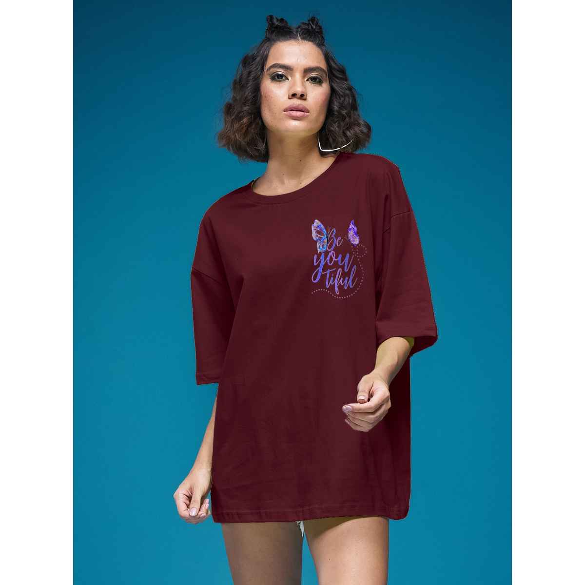 Smartees Women's Oversize Printed T-shirt | WW - 2029 | Maroon - S