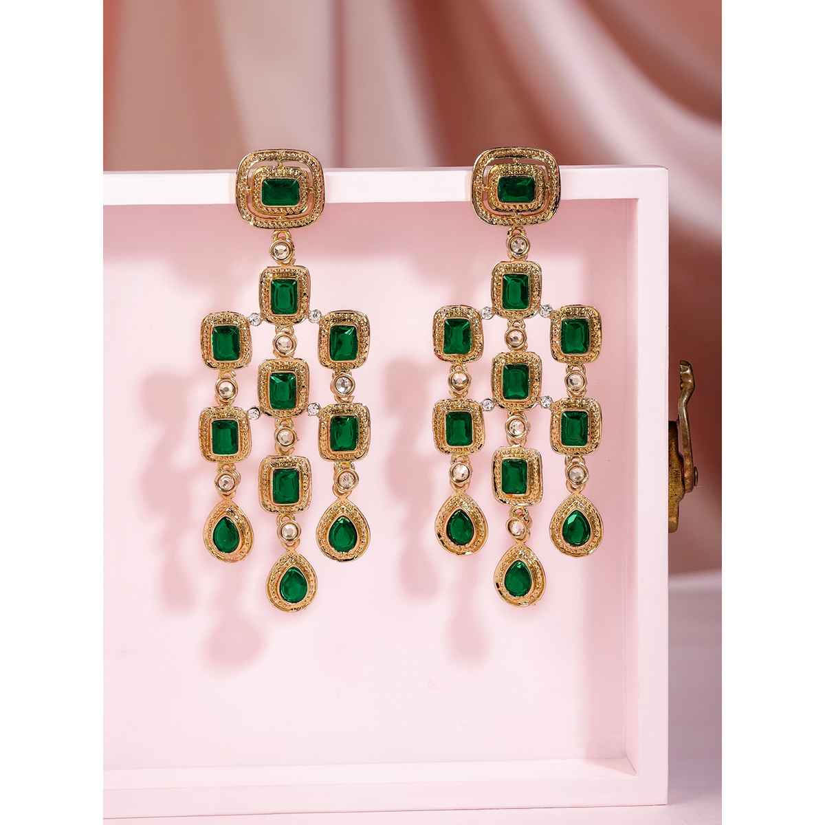 Rubans 22K Gold-Plated Emerald Gemstone Studded Chandelier Drop Earrings