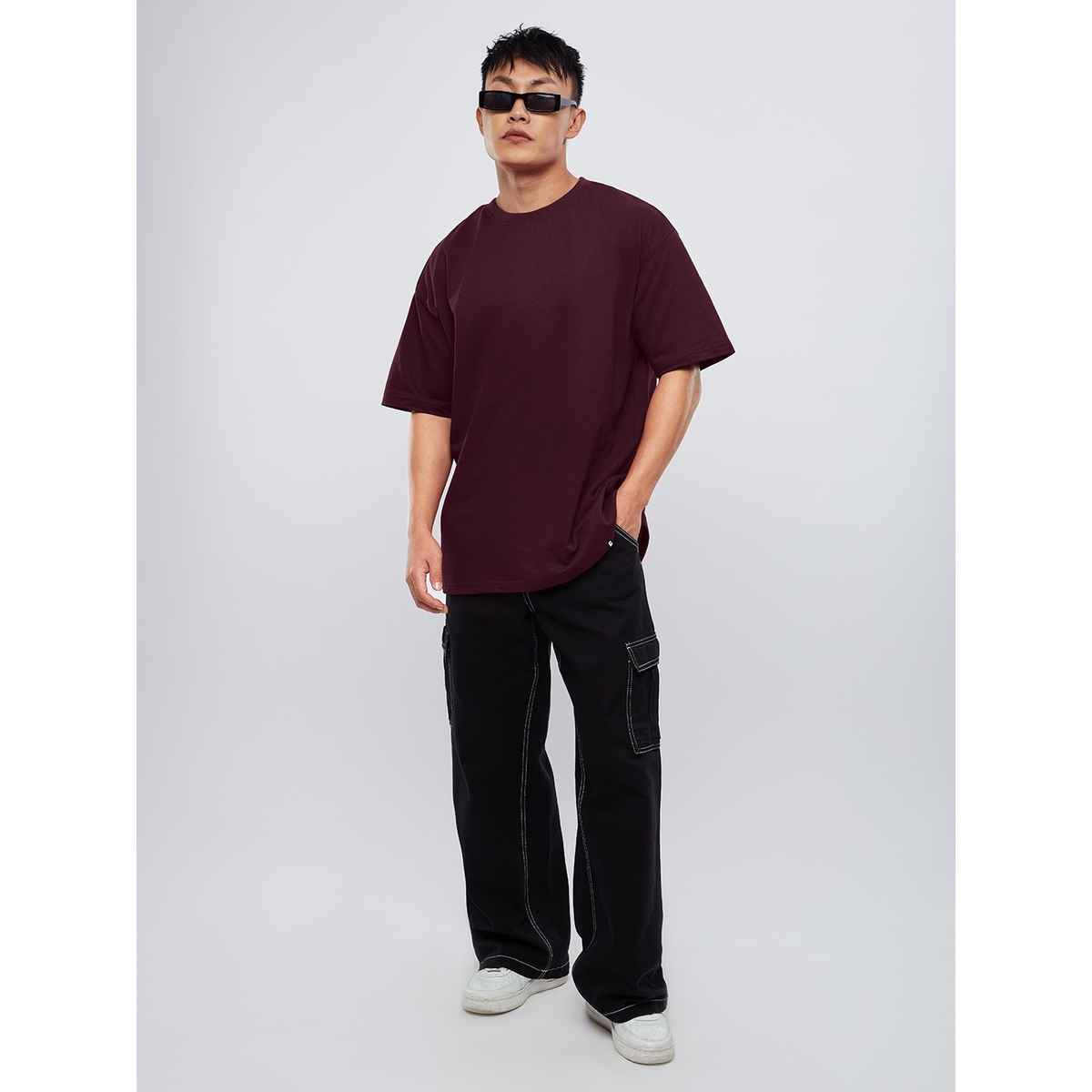 The Souled Store Solids- Dark Purple Oversized T-Shirts, Burgundy, M