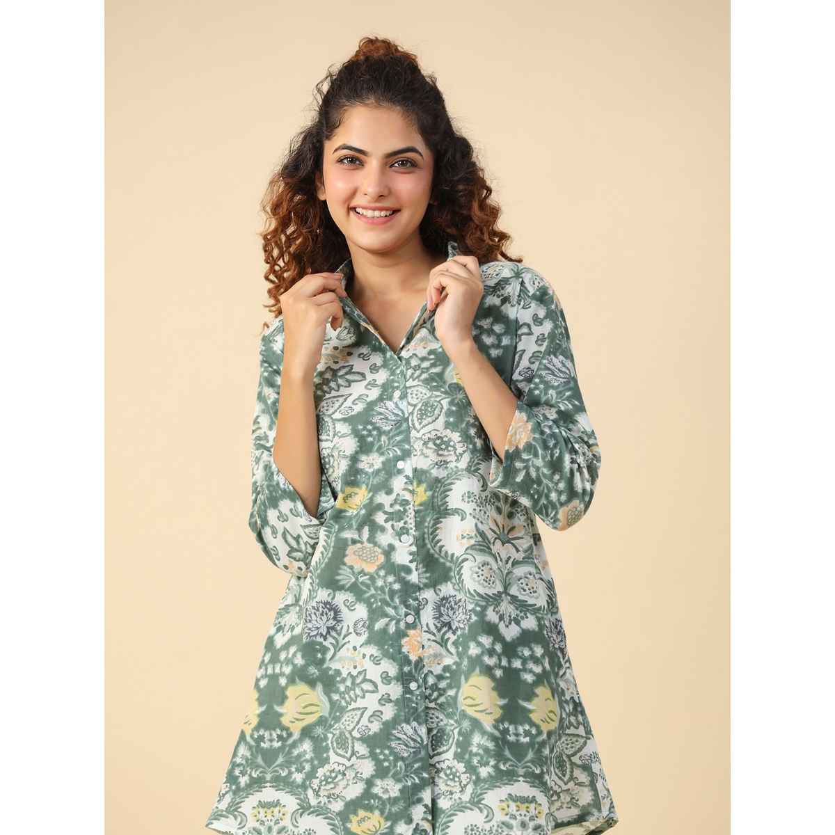 Sanskrutihomes Floral Printed Pure Cotton Night Suit | Green - White | S