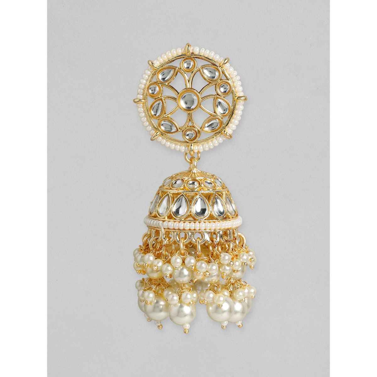 Rubans Gold-Toned Handcrafted Kundan White Pearls Jhumka Earrings