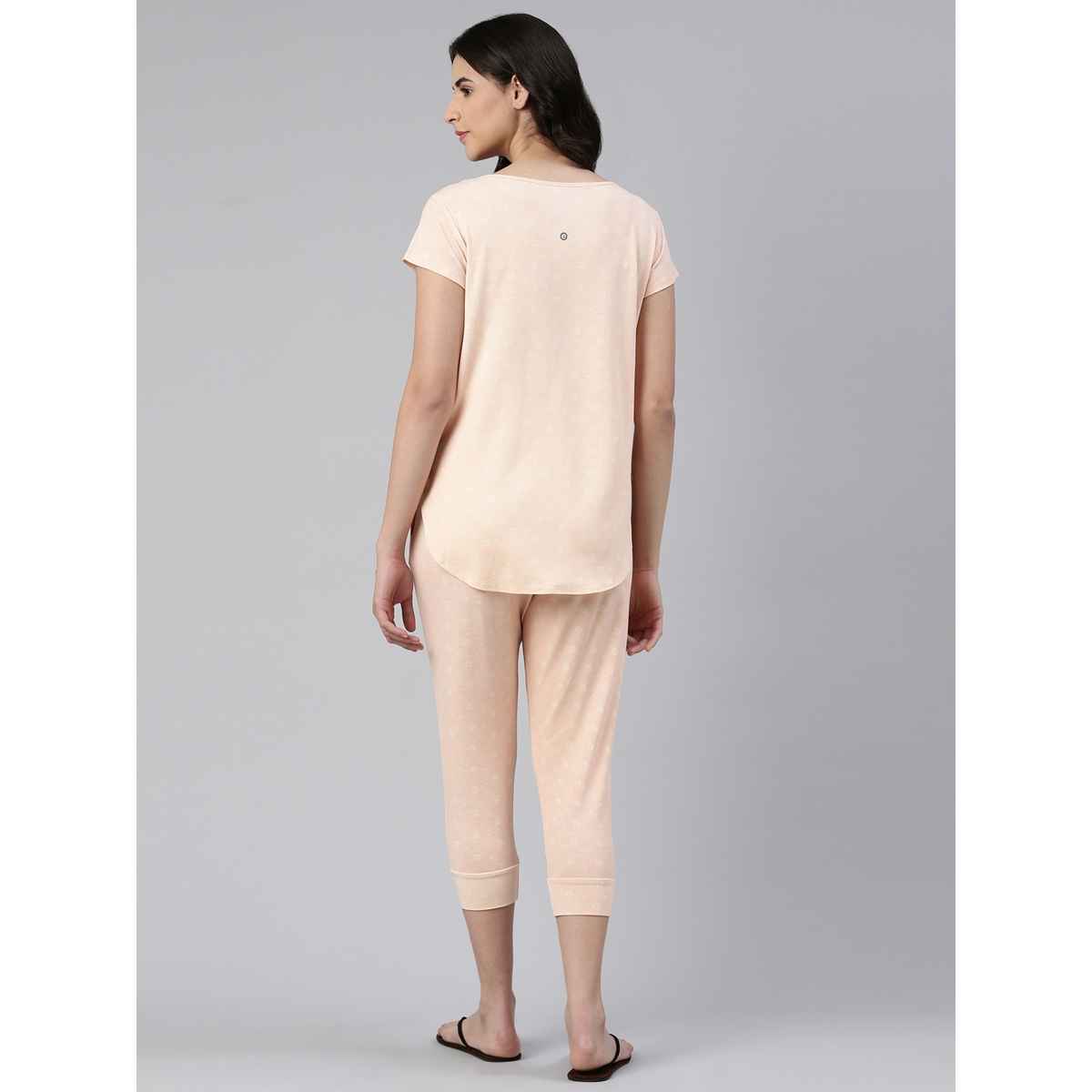 Enamor Essentials EC16 Women s Aop-Soft & Drapey All Over Printed Lounge Capri Set | Pink | 2XL