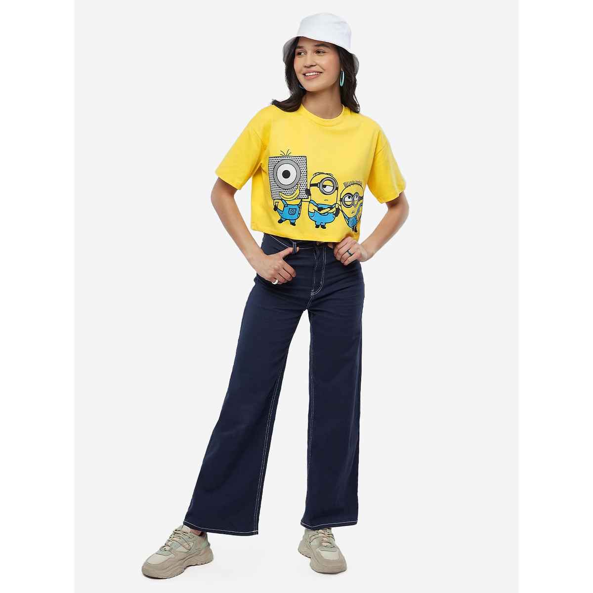 The Souled Store Women's Minions Stay Weird Stay Happy Oversized Cropped T-shirt | Yellow - XS