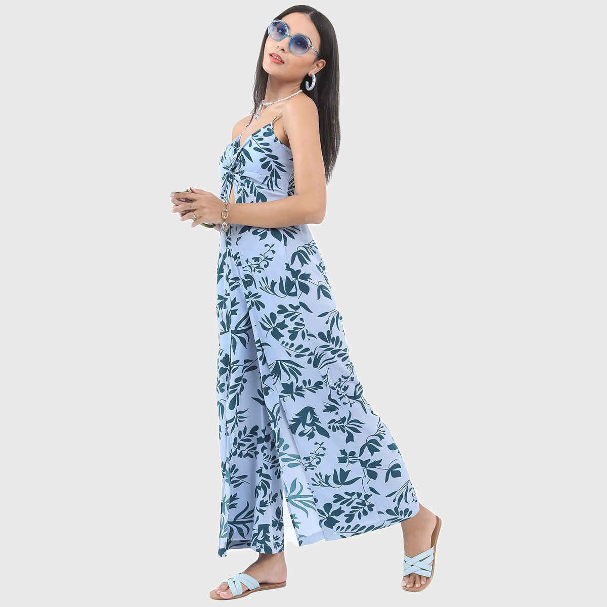 Ketch Women's Printed Shoulder Straps Gathered Cut-Out Flared Leg Jumpsuit | Blue - S