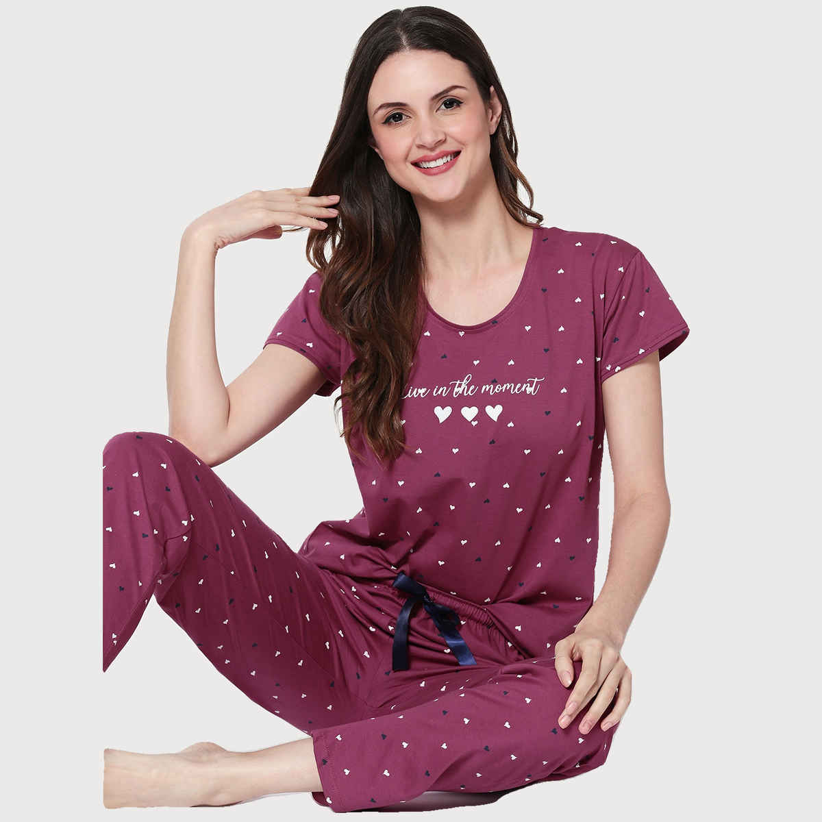 Zeyo Women Cotton Heart Printed Plum Red Night Suit Set of Top & Pyjama 5302-WN-5XL