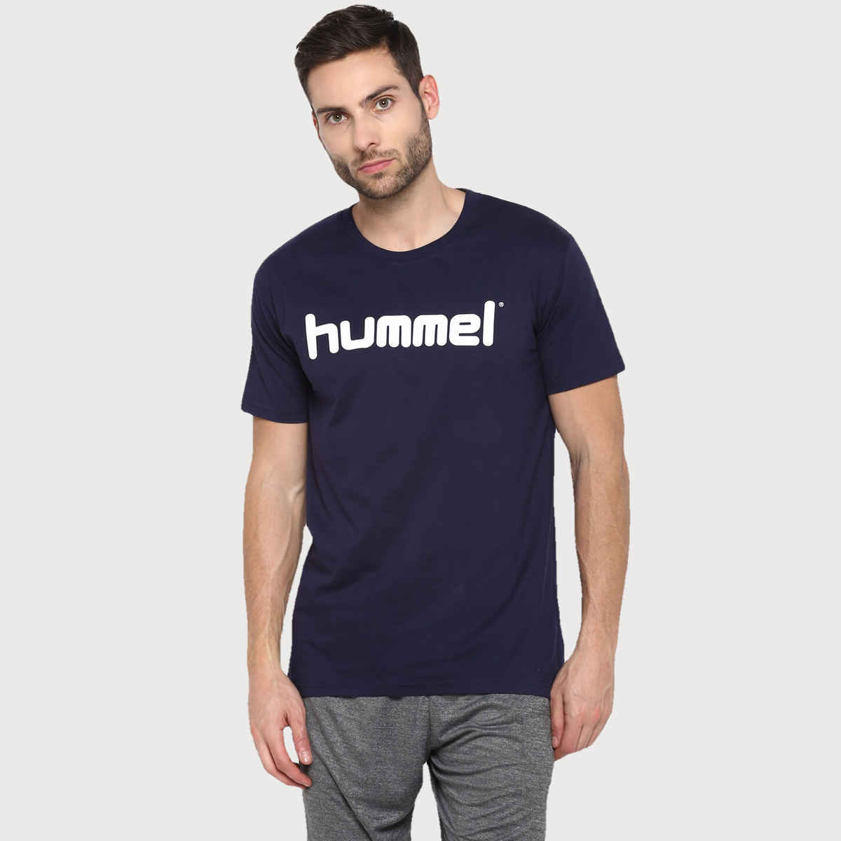 hummel Men's Go Logo Round Neck Solid Regular Fit Cotton Poly T-shirt | Marine - L