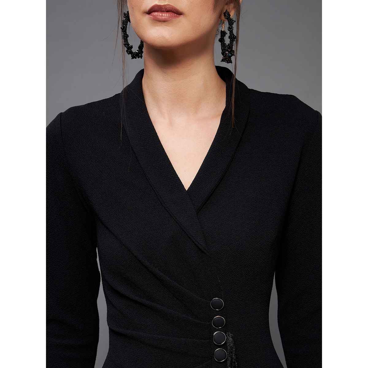Miss Chase Women Black Solid Collared Neck Full Sleeve Polyester Bodycon Knee Length Dress | Black | S