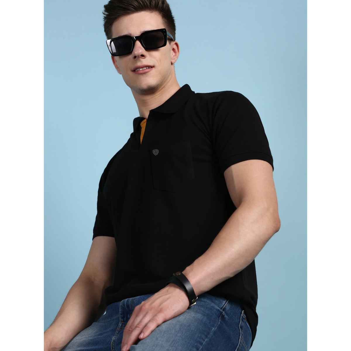 Lux Cozi Men's Solid Cotton Polo T-shirt with Pocket | Black - S