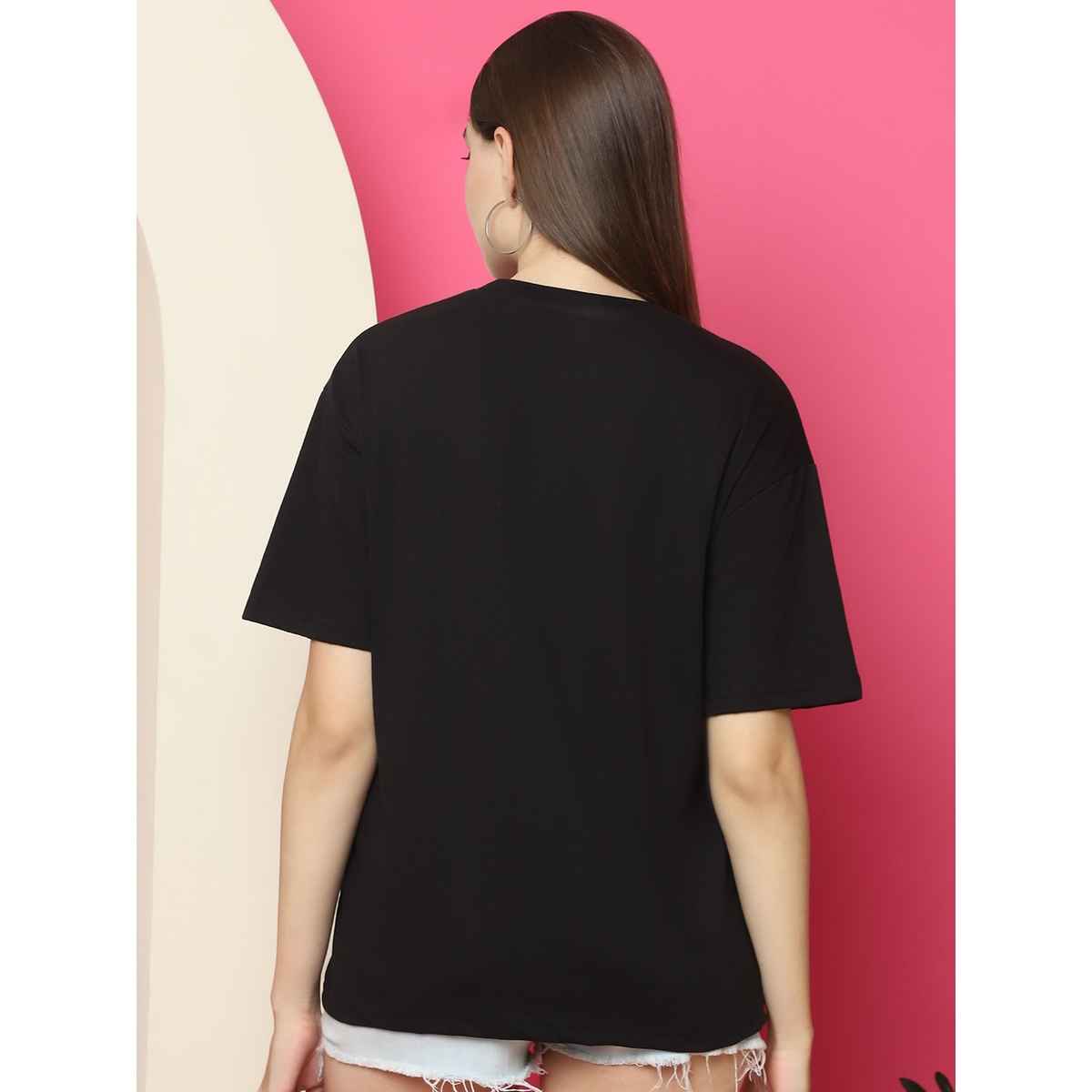 Fabflee Women Oversize Cotton Printed Round Neck Tshirt | Black | FAB-OS-519 | L