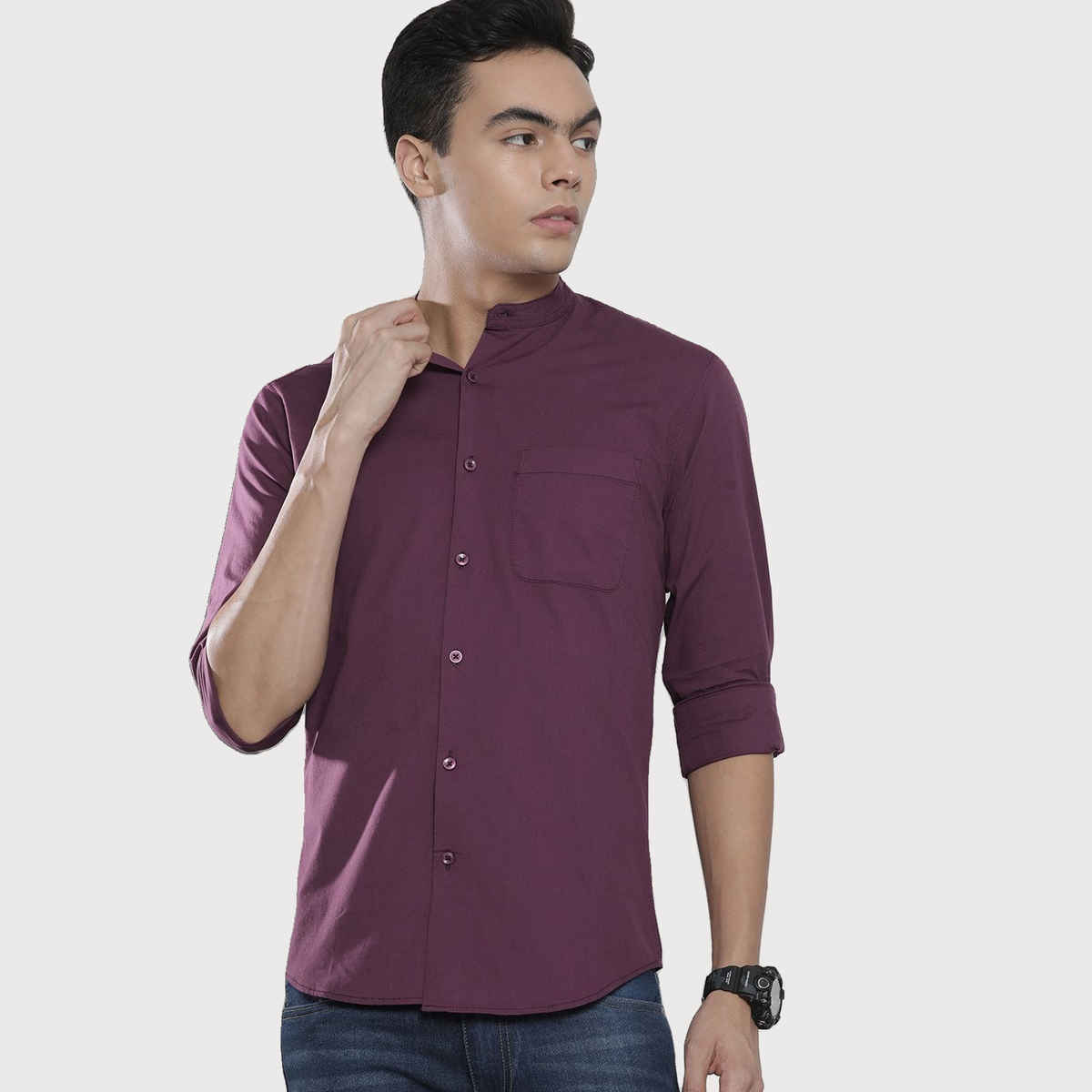The Indian Garage Co Men's Regular Fit Solid Casual Shirt | Purple - L
