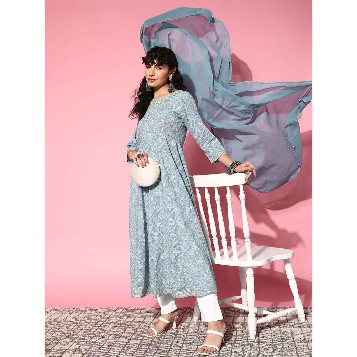 Ishin Women Embroidered Anarkali Kurta | INWKTS039 | Cotton Sky Blue - S