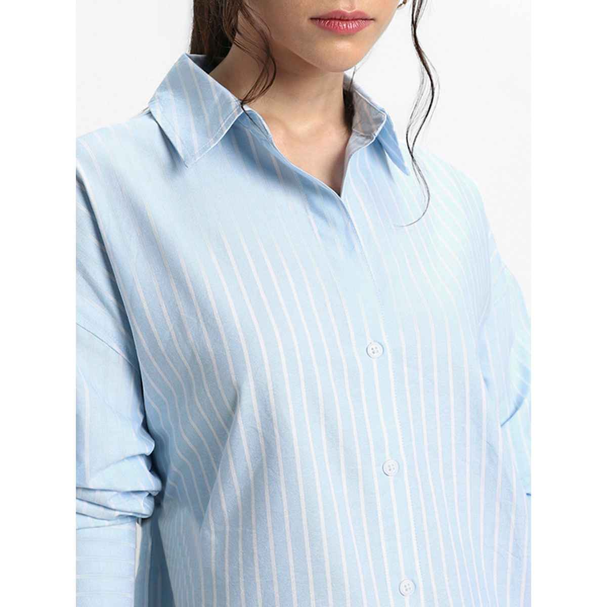 DL Women's Oversized Vertical Stripes Pure Cotton Oxford Casual Shirt | DLWSHW23001 | Blue - M