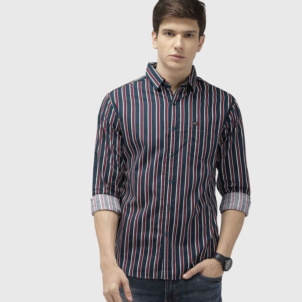 The Indian Garage Co Men's Slim Fit Multi Stripes Casual Shirt | Navy Blue - L