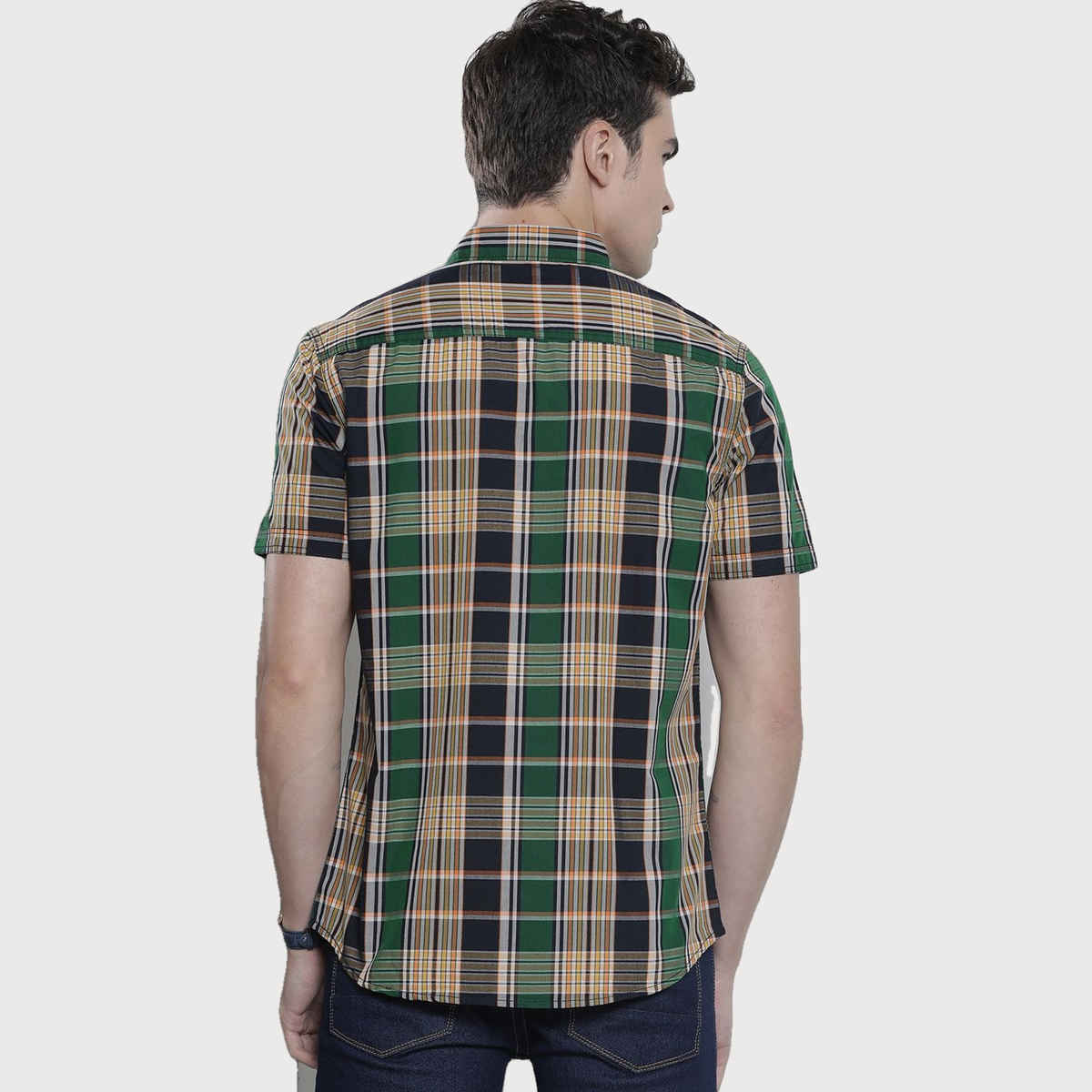 The Indian Garage Co Men's Slim Fit Checkered Casual Half Sleeve Shirt | Navy Blue - M